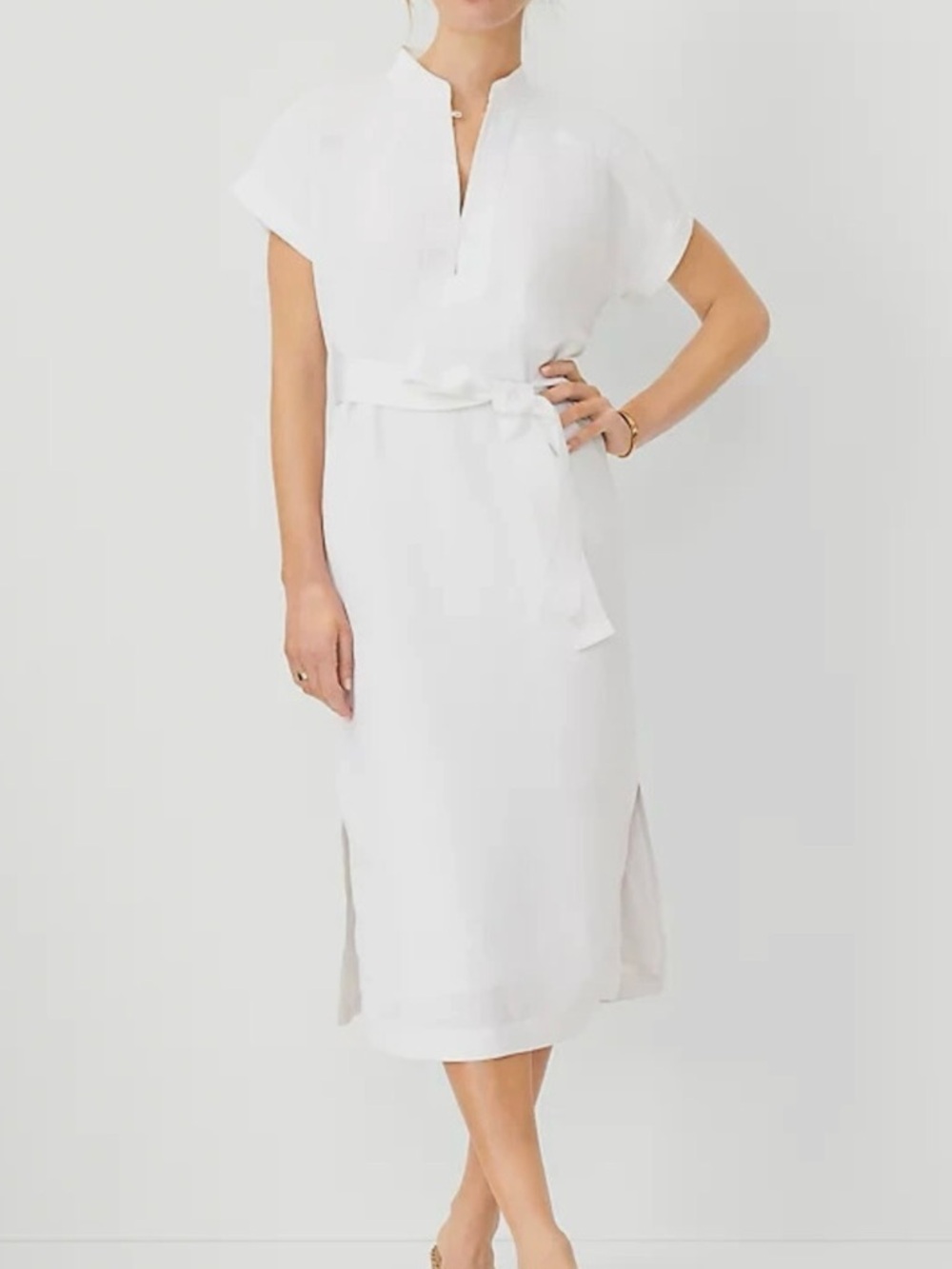Ann Taylor White Midi Tie-Waist Shirt Dress